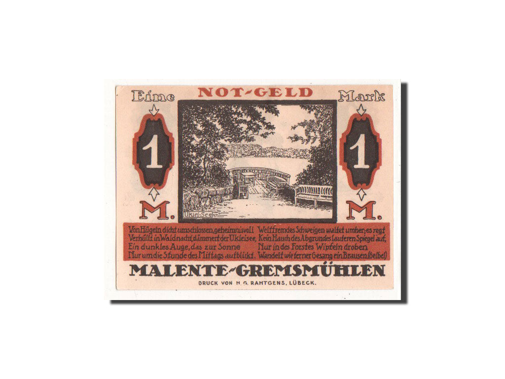 Geldschein, Deutschland, Malente Gremsmuhlen Germeinde, 1 Mark, paysage, 1921