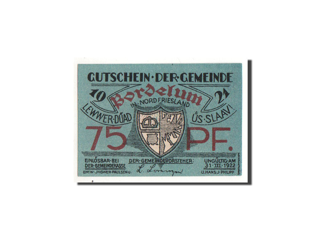 Banknote, Germany, Bordelum Gemeinde, 75 Pfennig, Maison, 1921, Undated