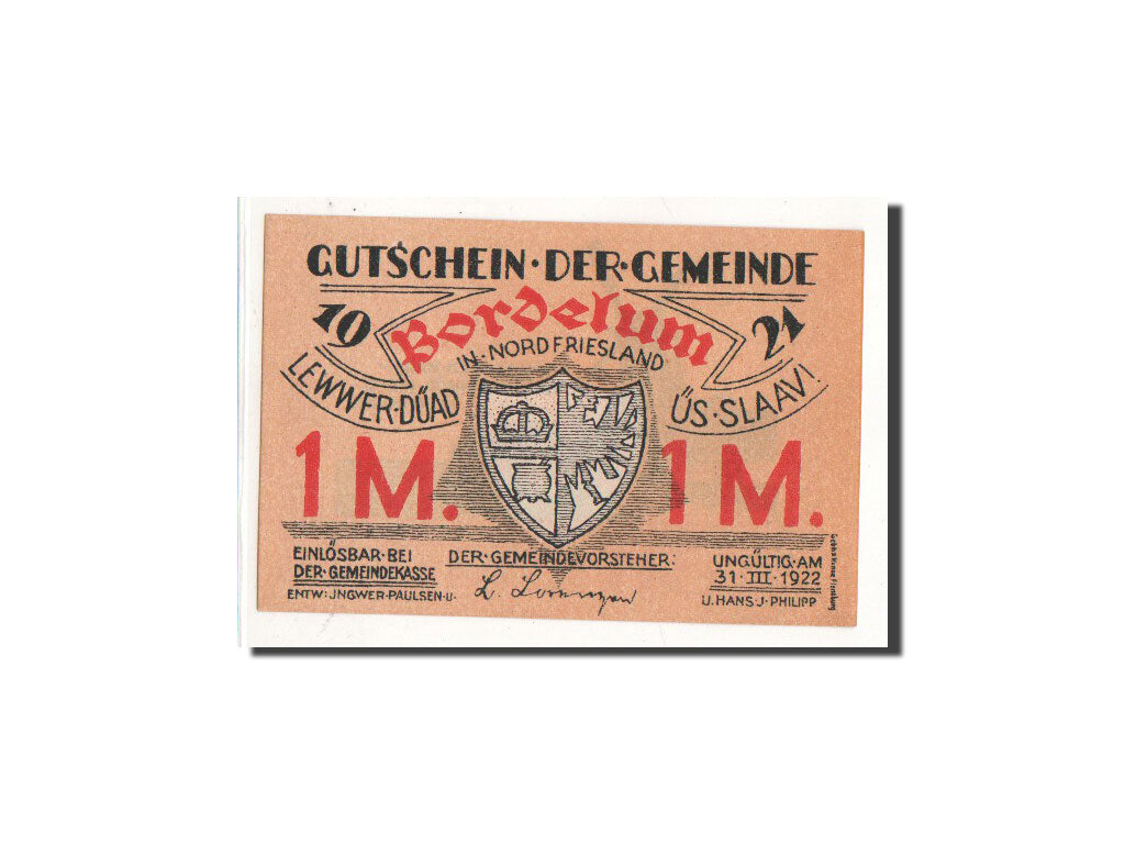Billet, Allemagne, Bordelum Gemeinde, 1 Mark, moulin, 1921, Undated, NEUF