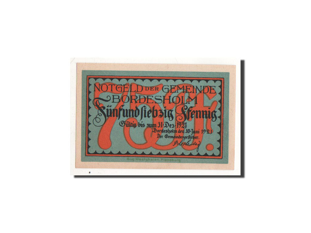 Billet, Allemagne, Bordesholm, 75 Pfennig, pêcheur, 1921, 1921-06-30, NEUF