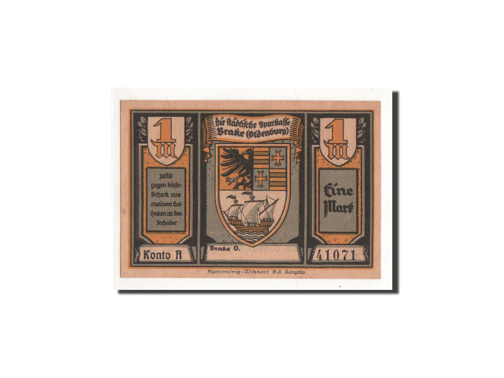 Banknot, Niemcy, Brake, 1 Mark, bateau, O.D, Undated, UNC(65-70), Mehl:149.1a
