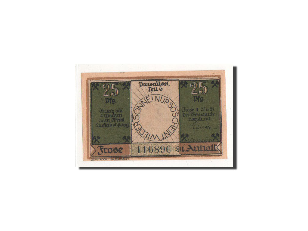 Banknot, Niemcy, Frose, 25 Pfennig, Mineurs, 1921, 1921-06-27, UNC(65-70)