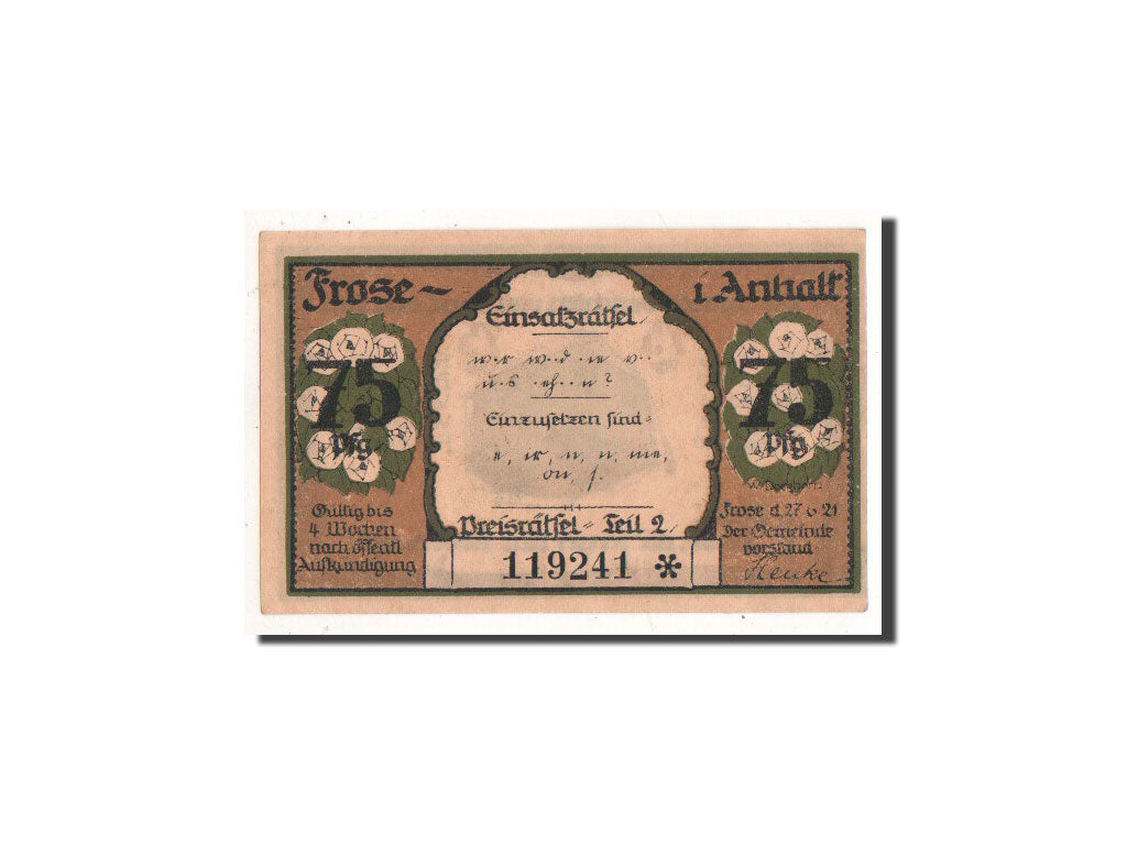 Banknot, Niemcy, Frose, 75 Pfennig, paysage, 1921, 1921-06-27, UNC(65-70)