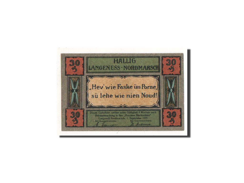 Billete, Alemania, Langeness Nordmarsch, 30 Pfennig, pêcheur, 1921, 1921-09-01