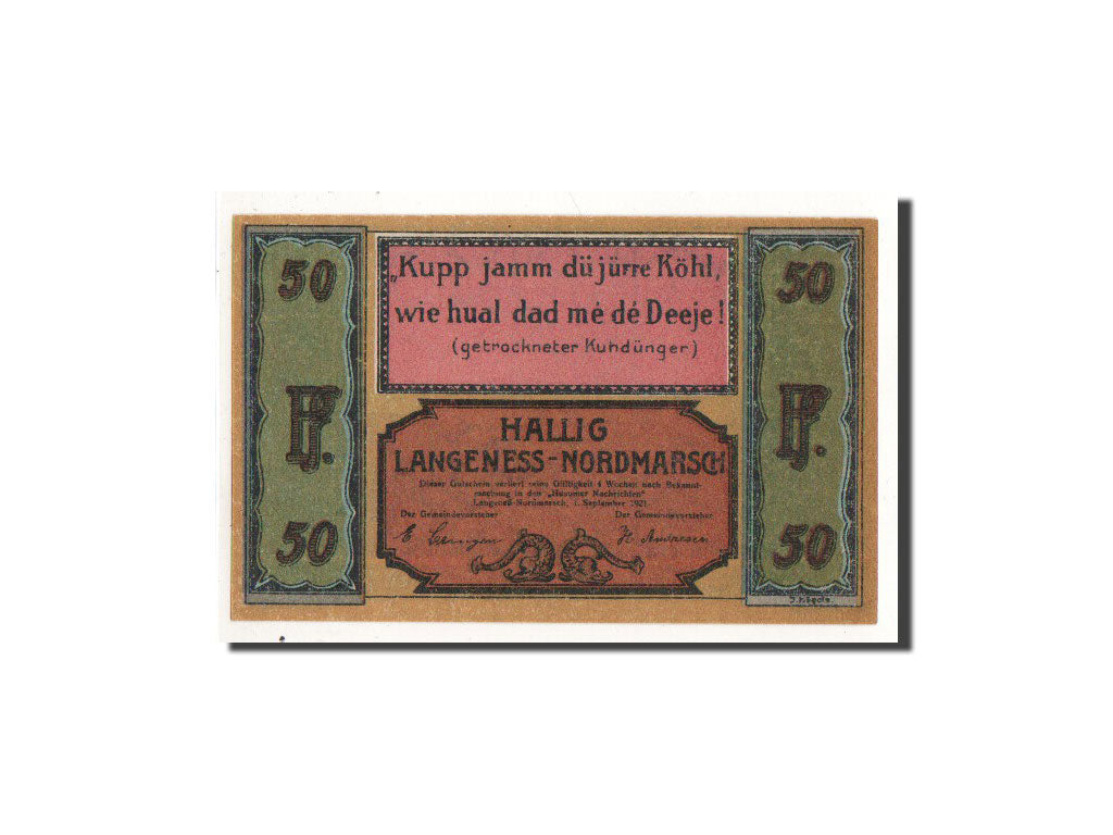 Billete, Alemania, Langeness Nordmarsch, 50 Pfennig, pêcheur, 1921, 1921-09-01