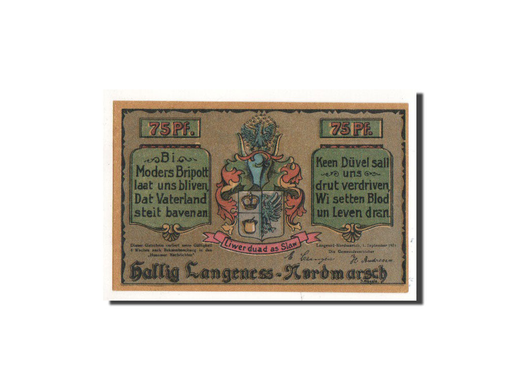 Banknot, Niemcy, Langeness Nordmarsch, 75 Pfennig, drapeau, 1921, 1921-09-01