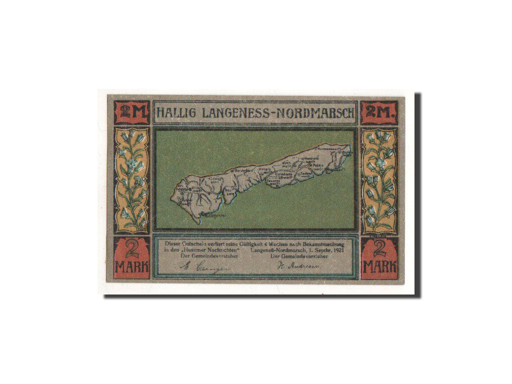 Billet, Allemagne, Langeness Nordmarsch, 2 Mark, paysage, 1921, 1921-09-01