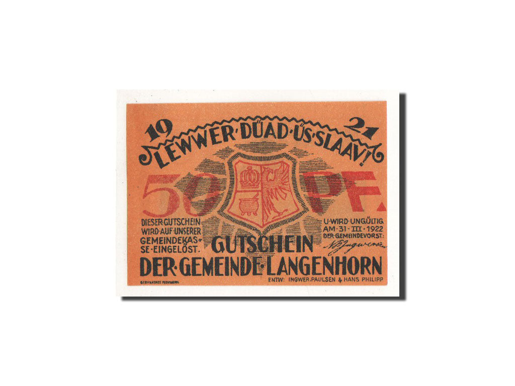 Billet, Allemagne, Langenhorn Germeinde, 50 Pfennig, paysage, 1921, Undated