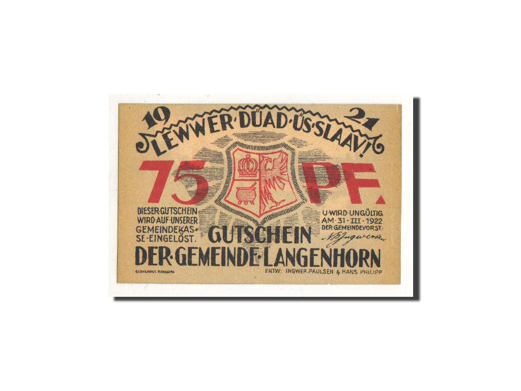 Biljet, Duitsland, Langenhorn Germeinde, 75 Pfennig, paysage, 1921, Undated