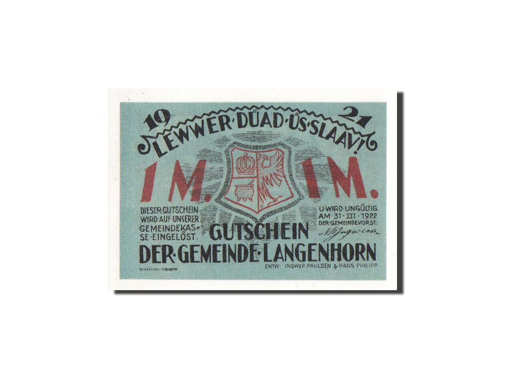 Biljet, Duitsland, Langenhorn Germeinde, 1 Mark, personnage, 1921, Undated