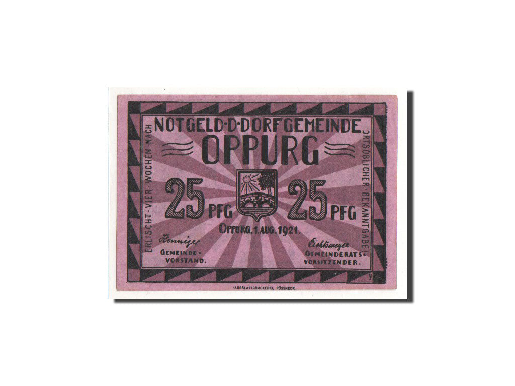Billet, Allemagne, Oppurg, 25 Pfennig, pont, 1921, 1921-08-01, NEUF