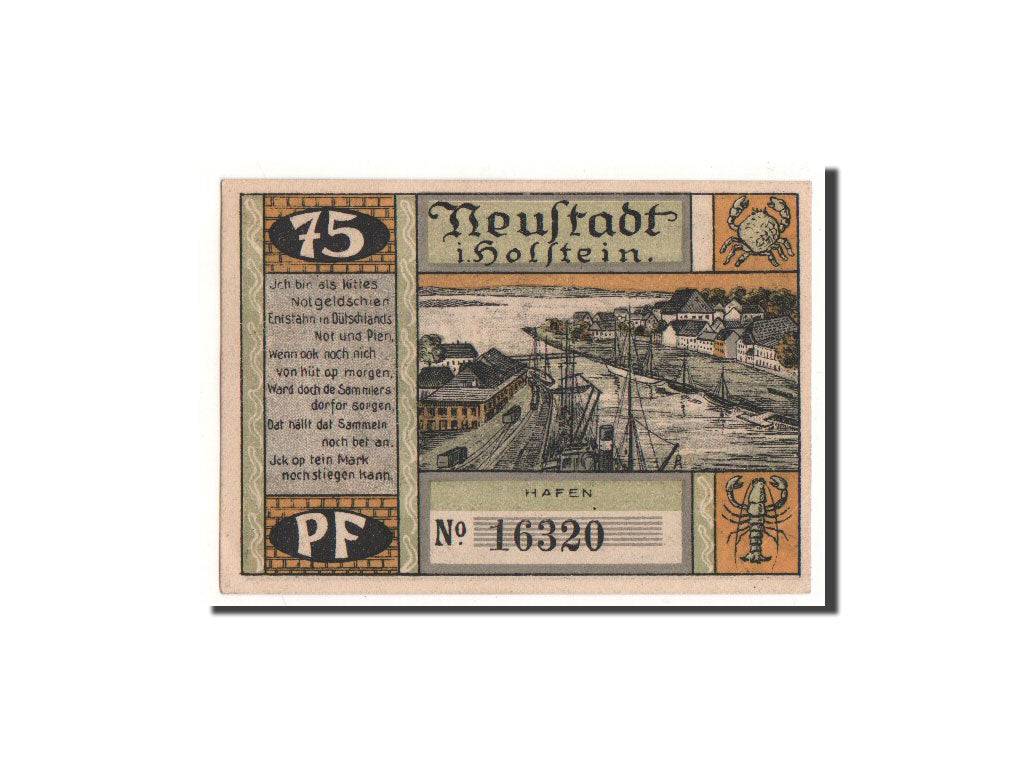 Billete, Alemania, Neustadt i. Holstein Stadt, 75 Pfennig, Port, O.D, Undated