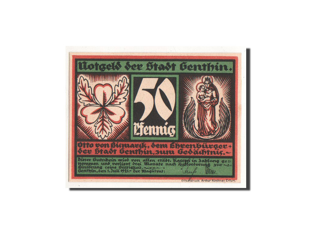 Banknot, Niemcy, Genthin, 50 Pfennig, portrait, 1921, 1921-07-01, UNC(65-70)