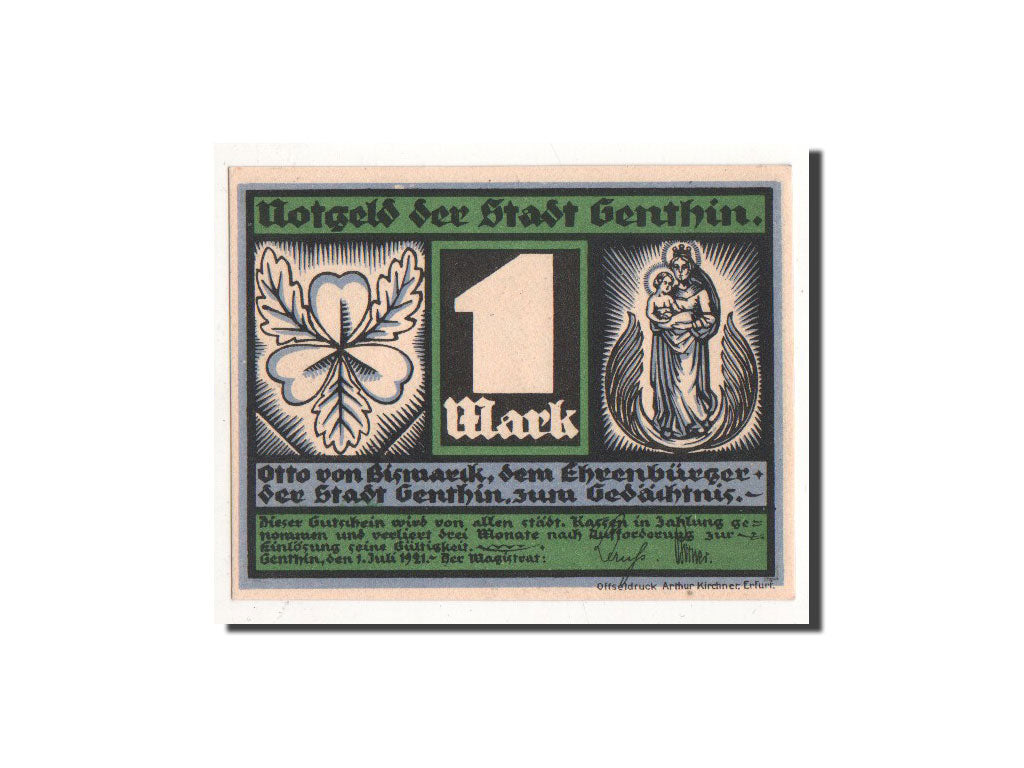 Billete, Alemania, Genthin, 1 Mark, portrait, 1921, 1921-07-01, UNC, Mehl:419.2