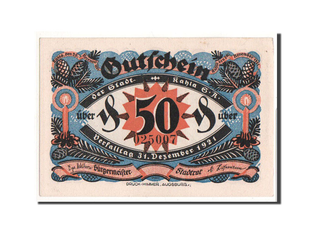 Billete, Alemania, Kahla, 50 Pfennig, sapin, 1921, 1921-11-20, UNC, Mehl:668.9