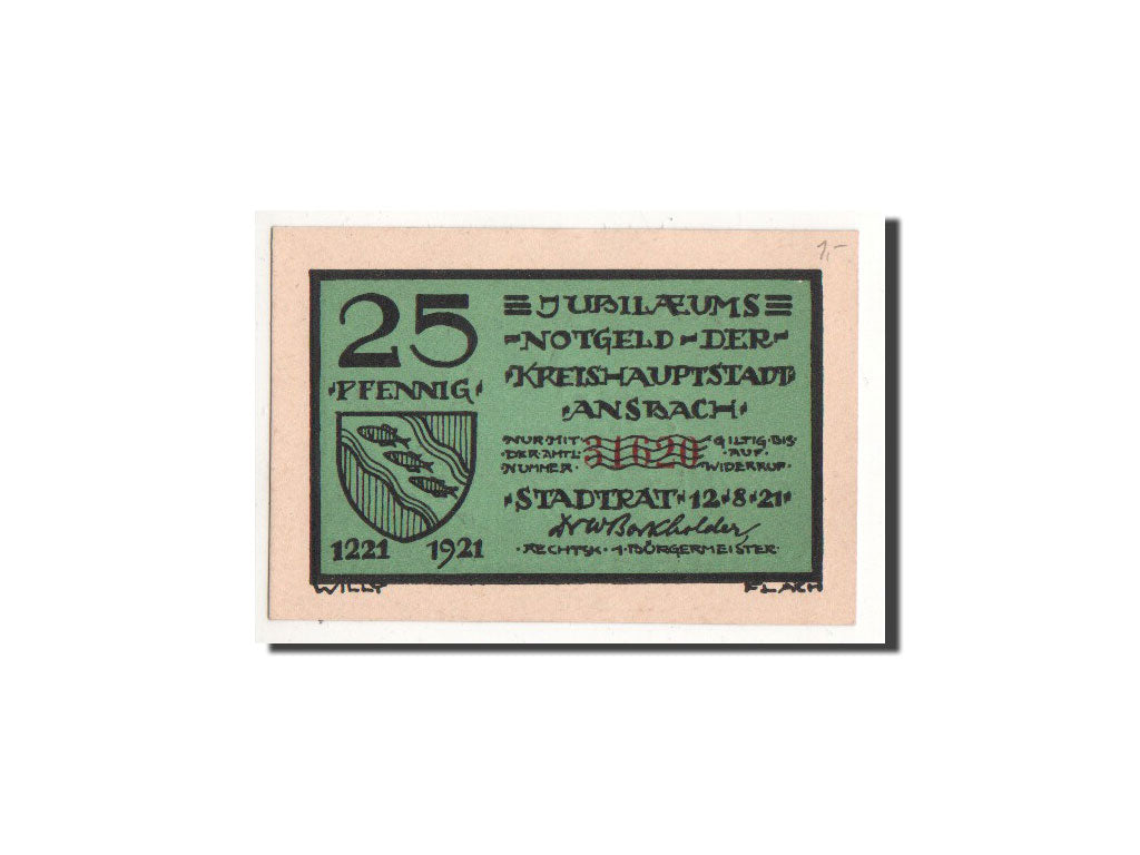Billete, Alemania, Ansbach, 25 Pfennig, cavalier, 1921, 1921-08-12, UNC