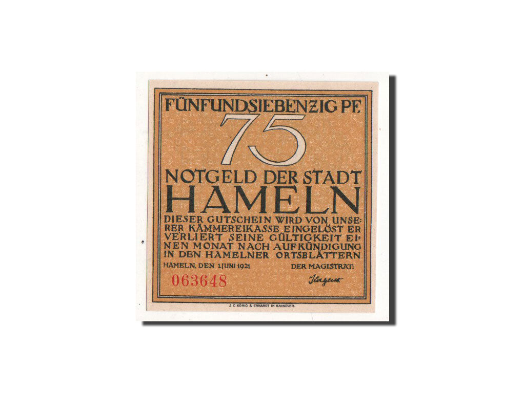 Banknote, Germany, Hameln, 75 Pfennig, personnage, 1921, 1921-06-01, UNC(65-70)