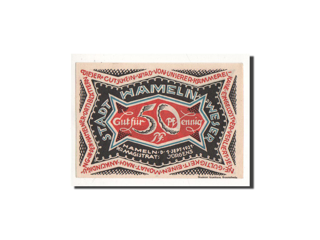 Banknote, Germany, Hameln, 50 Pfennig, personnage, 1921, 1921-09-01, UNC(65-70)