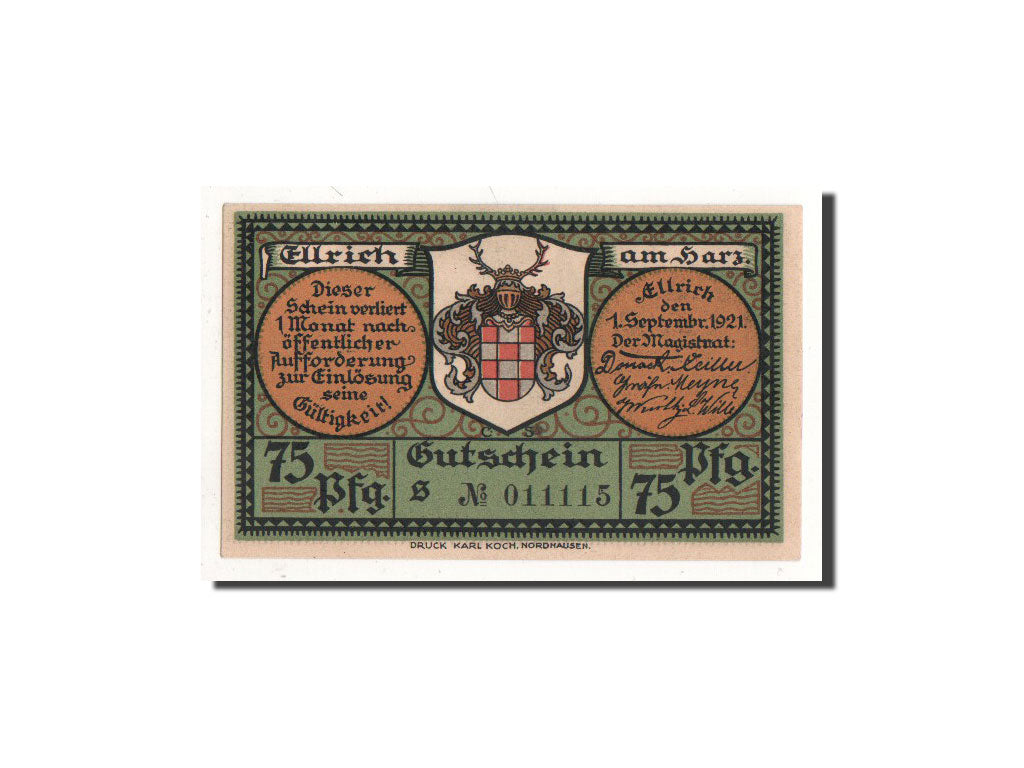 Biljet, Duitsland, Ellrich a Harz, 75 Pfennig, paysage, 1921, 1921-09-01, NIEUW