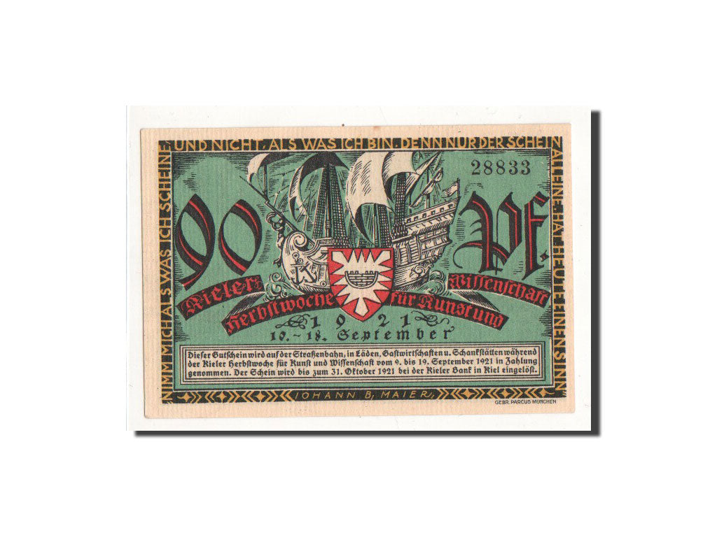 Banknot, Niemcy, Kiel, 90 Pfennig, bateau, 1921, 1921-09-10, UNC(65-70)
