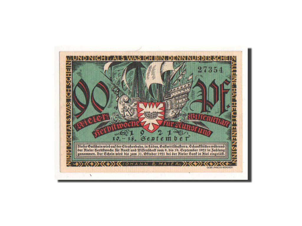 Banknot, Niemcy, Kiel, 90 Pfennig, bateau 1, 1921, 1921-09-10, UNC(65-70)