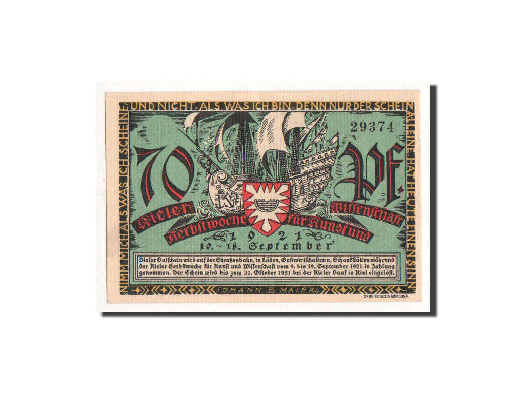Banknot, Niemcy, Kiel, 70 Pfennig, Port, 1921, 1921-09-10, UNC(65-70)