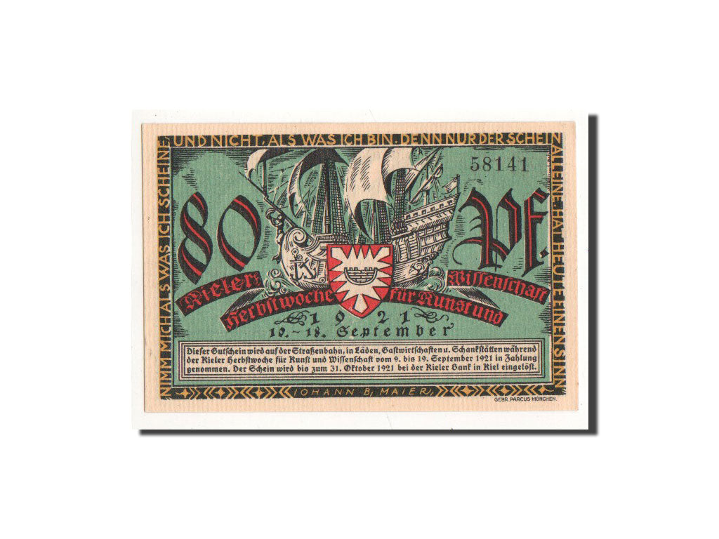 Banknote, Germany, Kiel, 80 Pfennig, portrait, 1921, 1921-09-10, UNC(65-70)