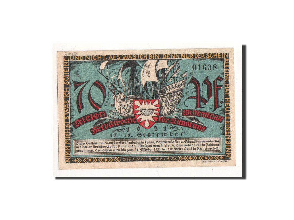 Banknote, Germany, Kiel, 70 Pfennig, place, 1921, 1921-09-10, UNC(65-70)