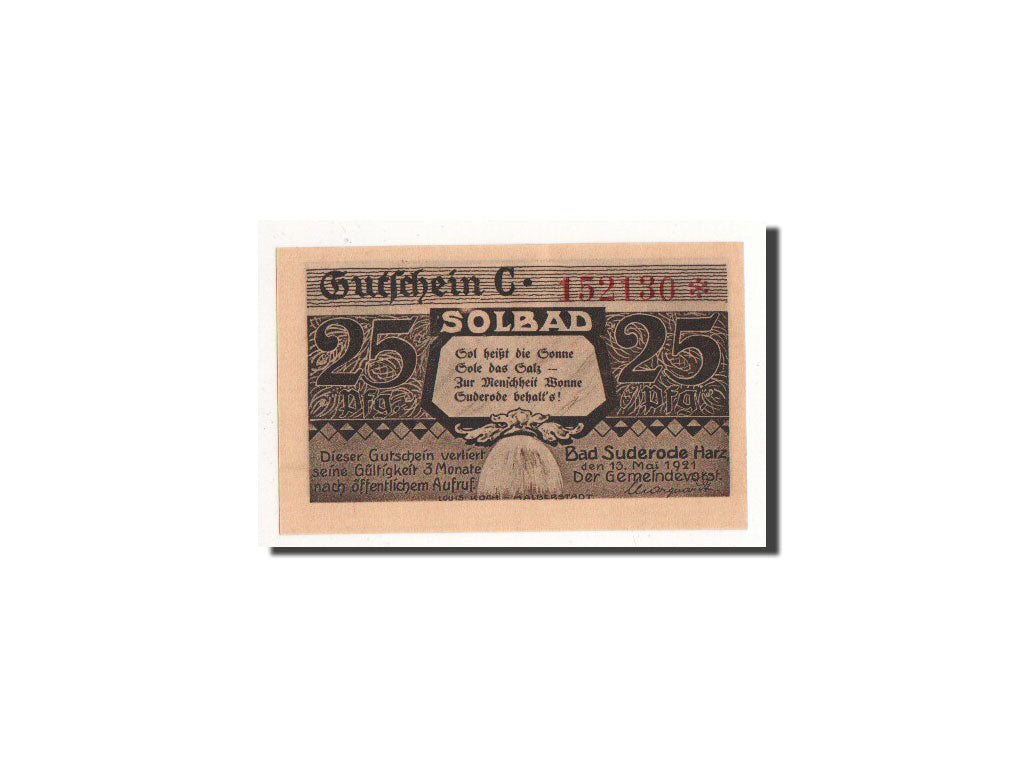Geldschein, Deutschland, Suderode im Harz, 25 Pfennig, paysage 1, 1921