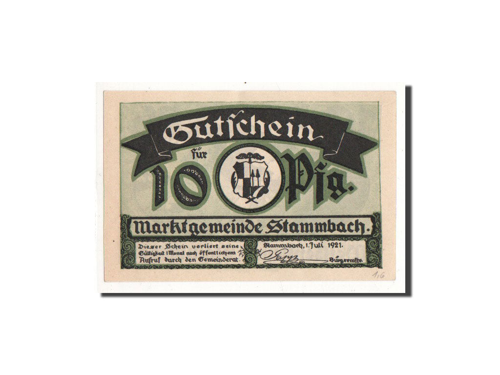 Banconote, Germania, Stammbach, 10 Pfennig, paysage, 1921, 1921-07-01, FDS
