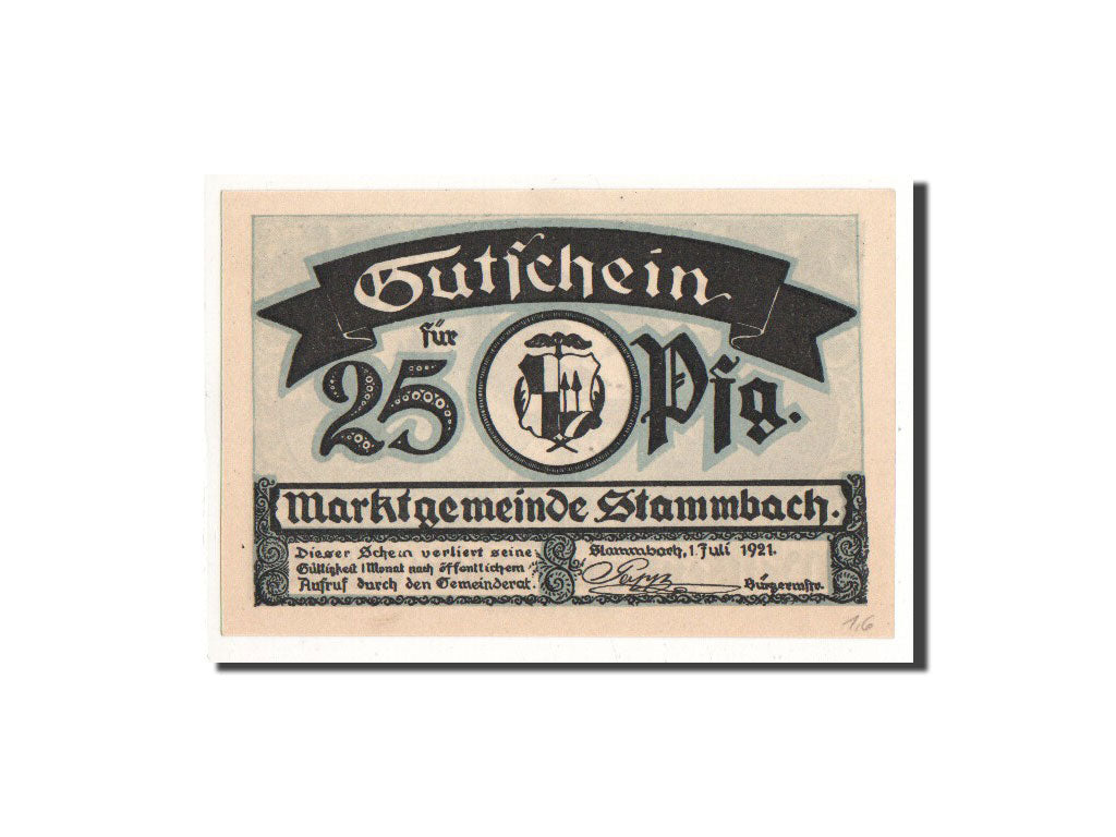 Banconote, Germania, Stammbach, 25 Pfennig, paysage, 1921, 1921-07-01, FDS