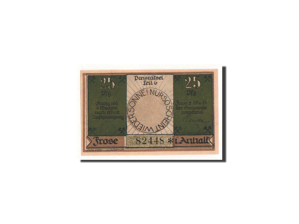 Banknote, Germany, Frose, 25 Pfennig, Citation, 1921, 1921-06-27, UNC(65-70)