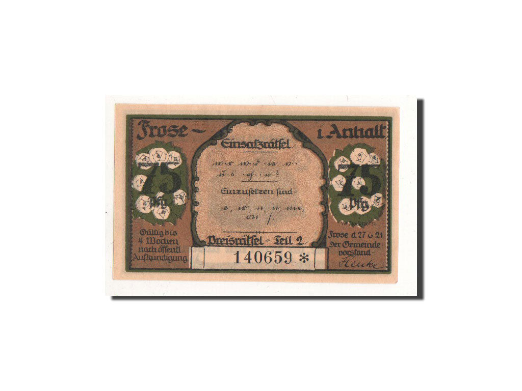 Banknote, Germany, Frose, 75 Pfennig, paysage, 1921, 1921-06-27, UNC(65-70)