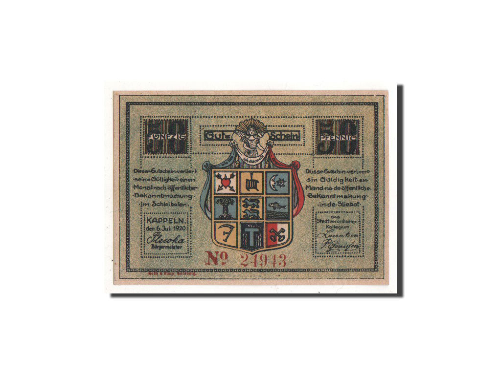 Banknote, Germany, Kappeln Stadt, 50 Pfennig, pêcheur, 1920, 1920-07-06