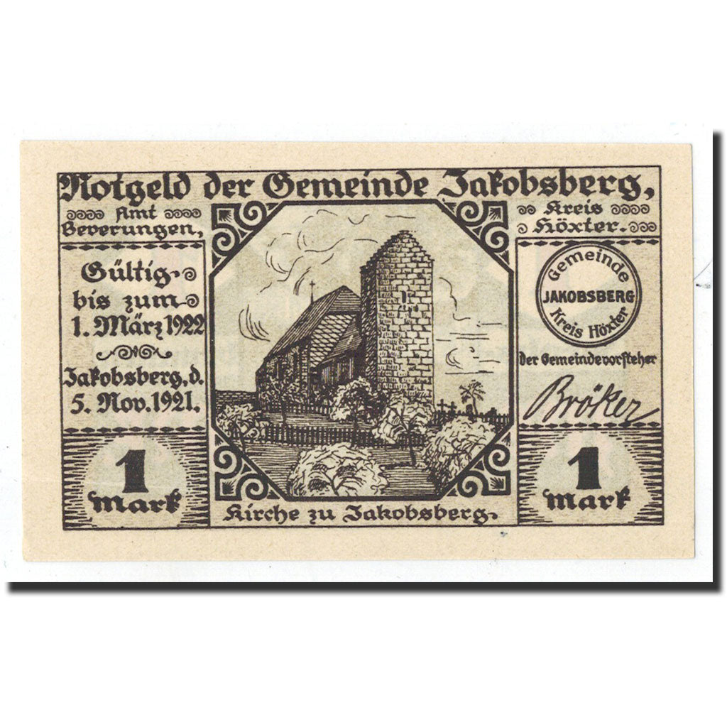 Banknote, Germany, Jacobsberg, 1 Mark, statue, 1921, 1921-11-05, UNC(65-70)
