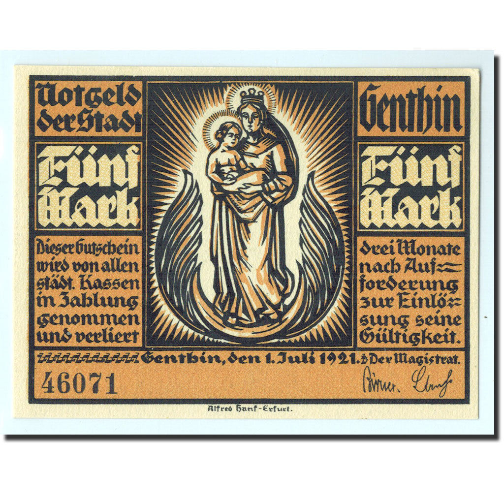 Geldschein, Deutschland, Genthin, 5 Mark, Monument, 1921, 1921-07-01, UNZ