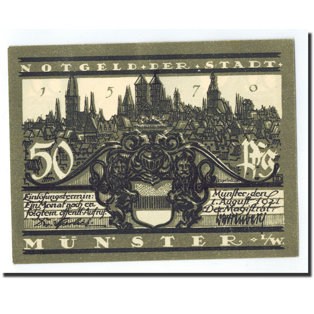 Banconote, Germania, Munster, 50 Pfennig, cathédrale, 1921, 1921-08-01, FDS