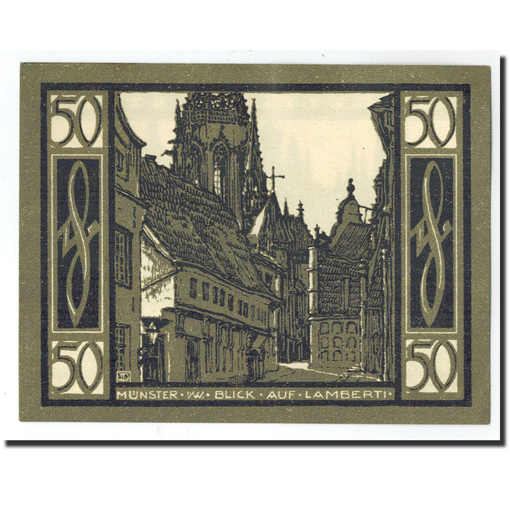 Banconote, Germania, Munster, 50 Pfennig, cathédrale, 1921, 1921-08-01, FDS