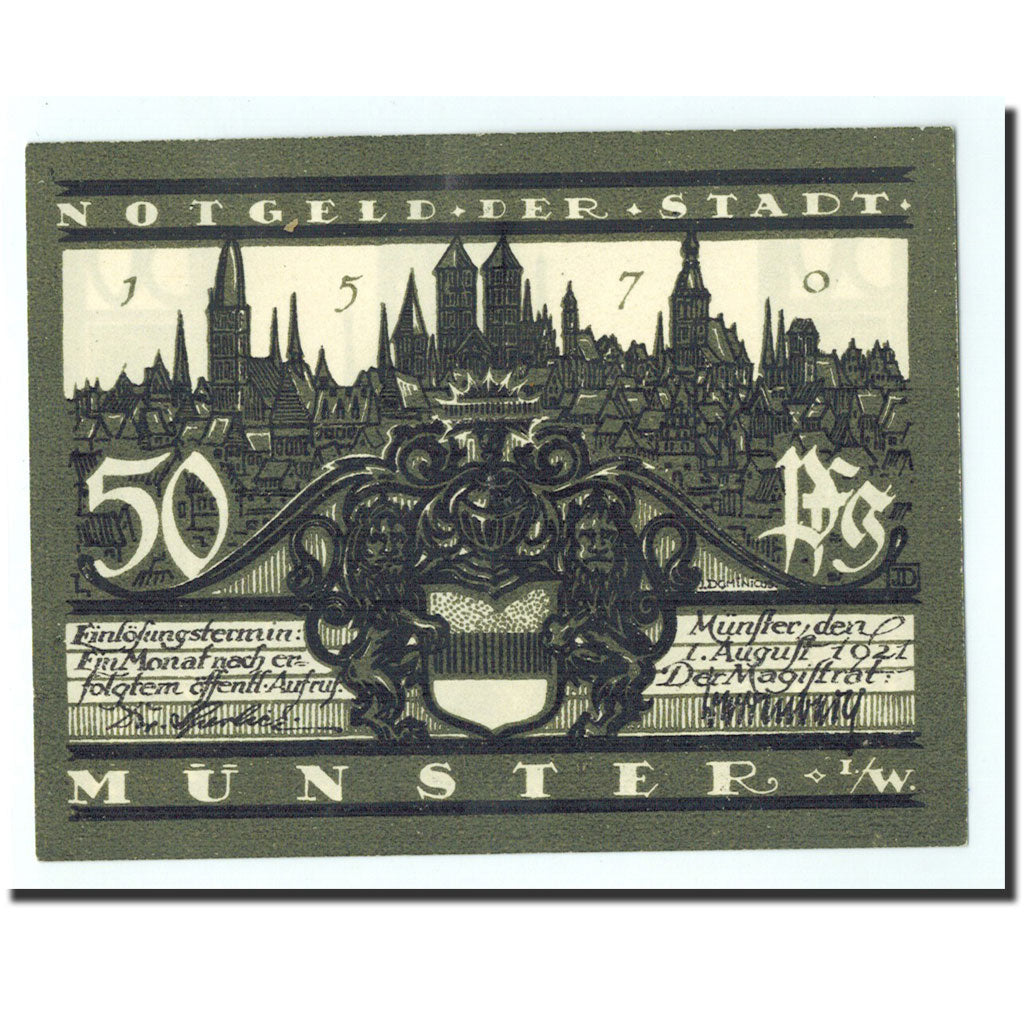 Billet, Allemagne, Munster, 50 Pfennig, cathedrale 3, 1921, 1921-08-01, NEUF