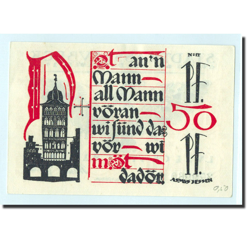 Banconote, Germania, Lübeck, 50 Pfennig, église 3, 1921, 1921-05-01, FDS