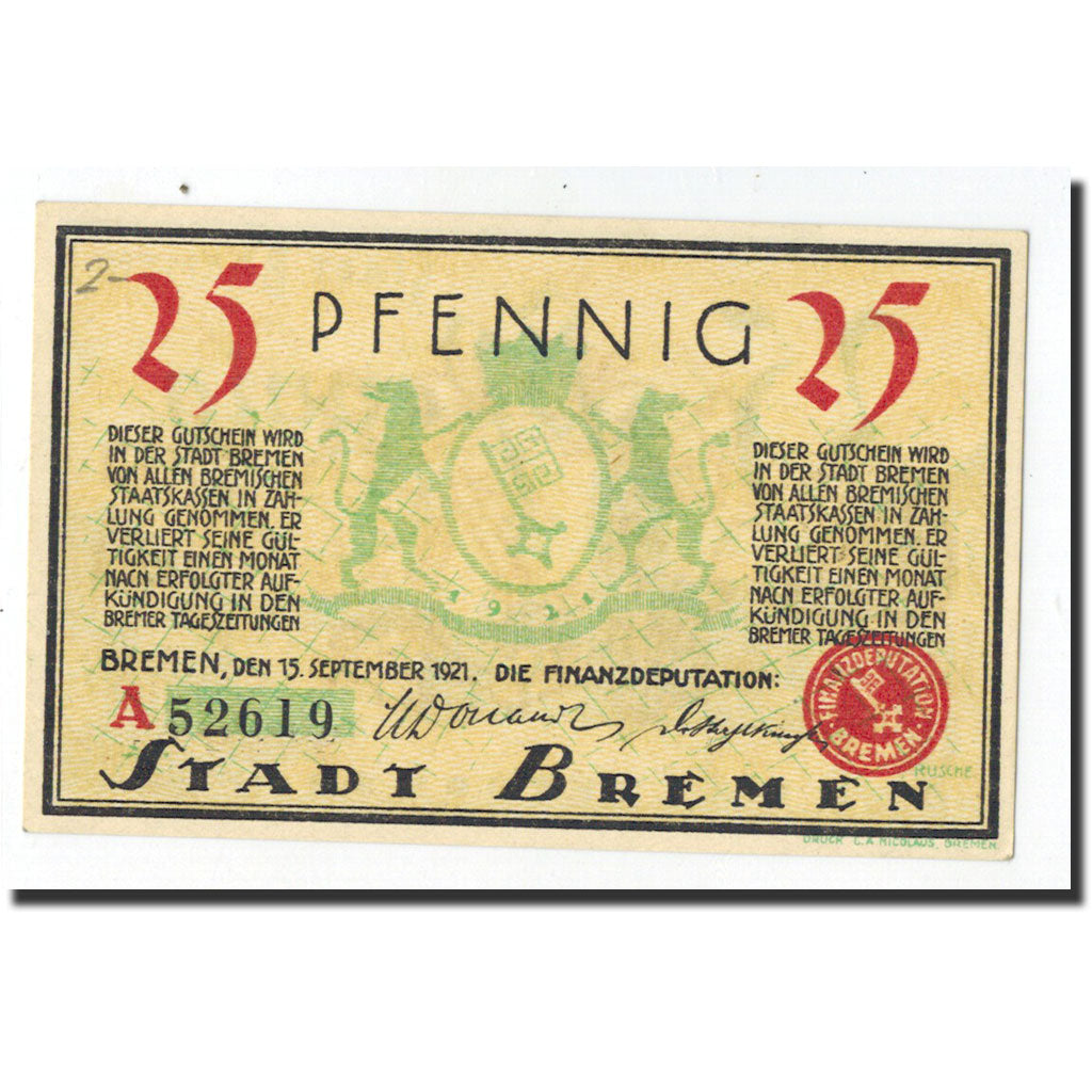 Banknote, Germany, Bremen, 25 Pfennig, place, 1921, 1921-09-15, UNC(65-70)
