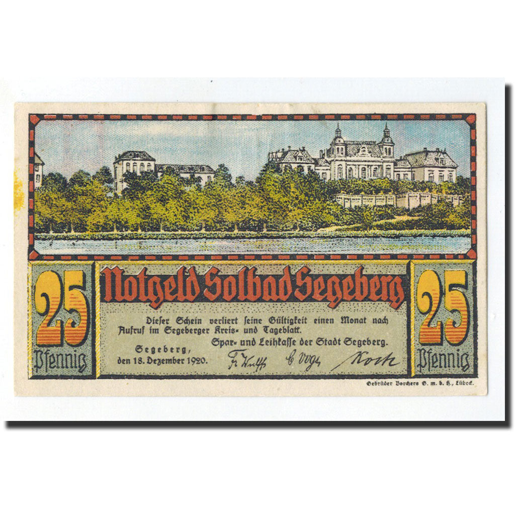 Banknote, Germany, Segeberg, 25 Pfennig, château, 1920, 1920-12-18, UNC(65-70)