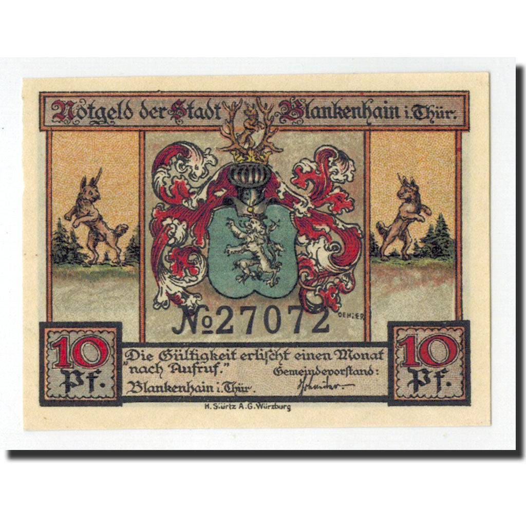 Billet, Allemagne, Blankenhain in Thuringen Stadt, 10 Pfennig, chasseur, O.D