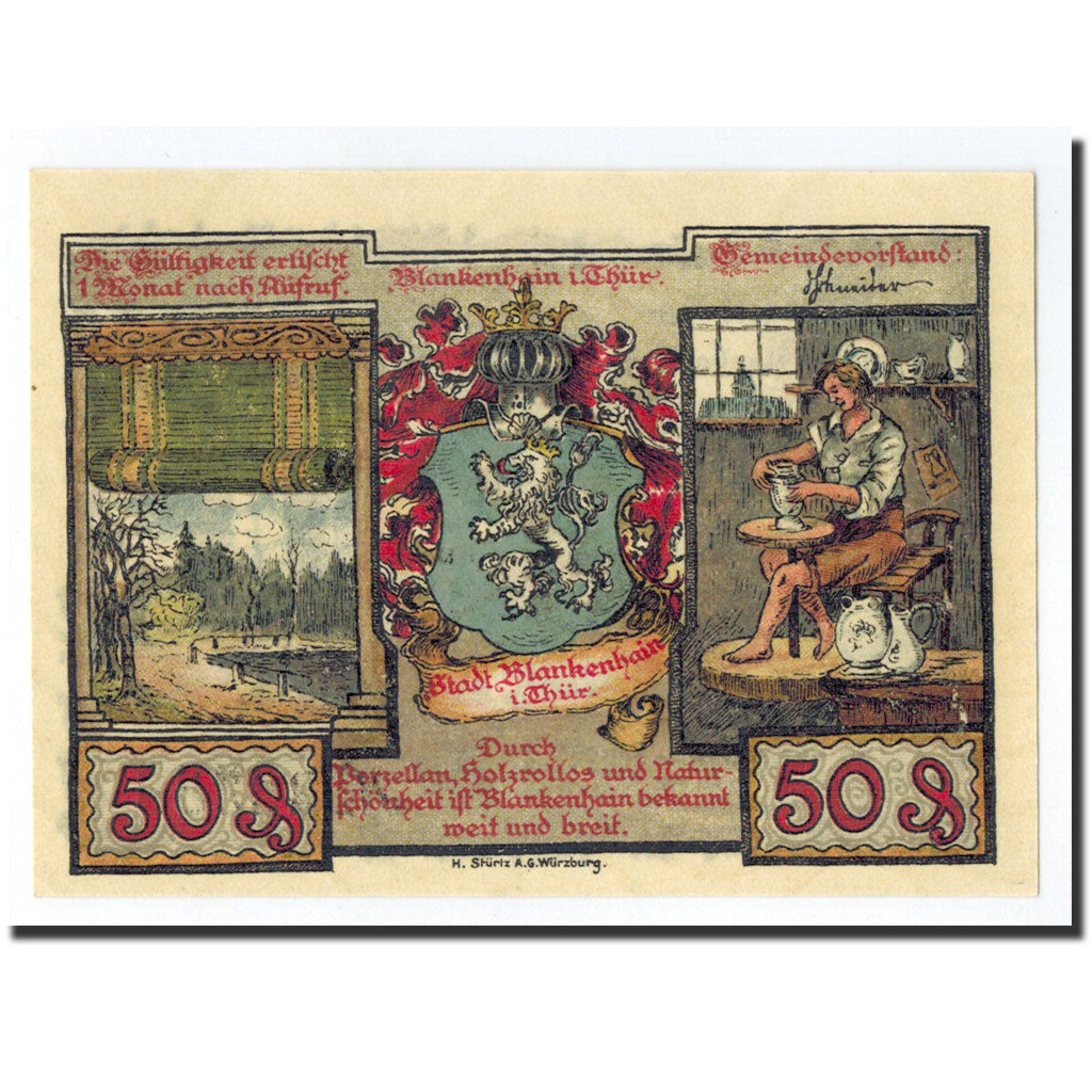 Geldschein, Deutschland, Blankenhain in Thuringen Stadt, 50 Pfennig, paysage
