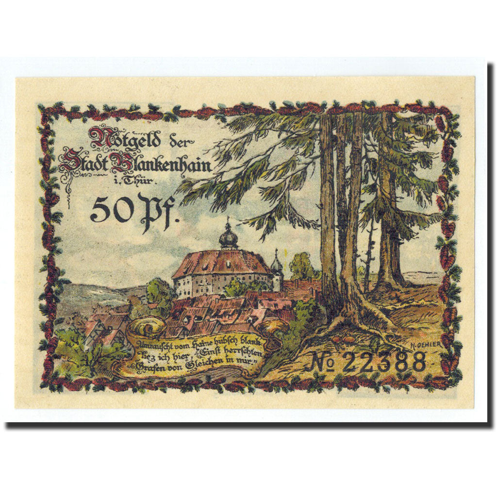 Geldschein, Deutschland, Blankenhain in Thuringen Stadt, 50 Pfennig, paysage