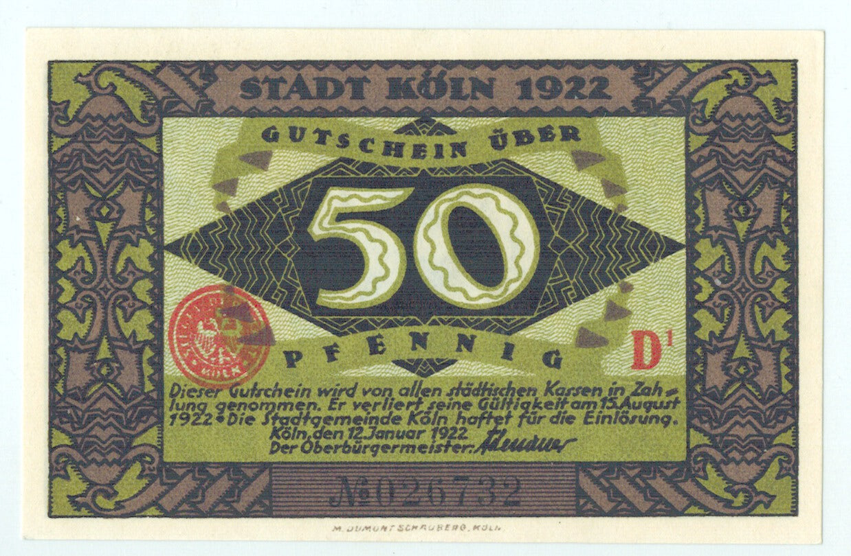 Banconote, Germania, Köln, 50 Pfennig, personnage, 1922, 1922-01-12, FDS