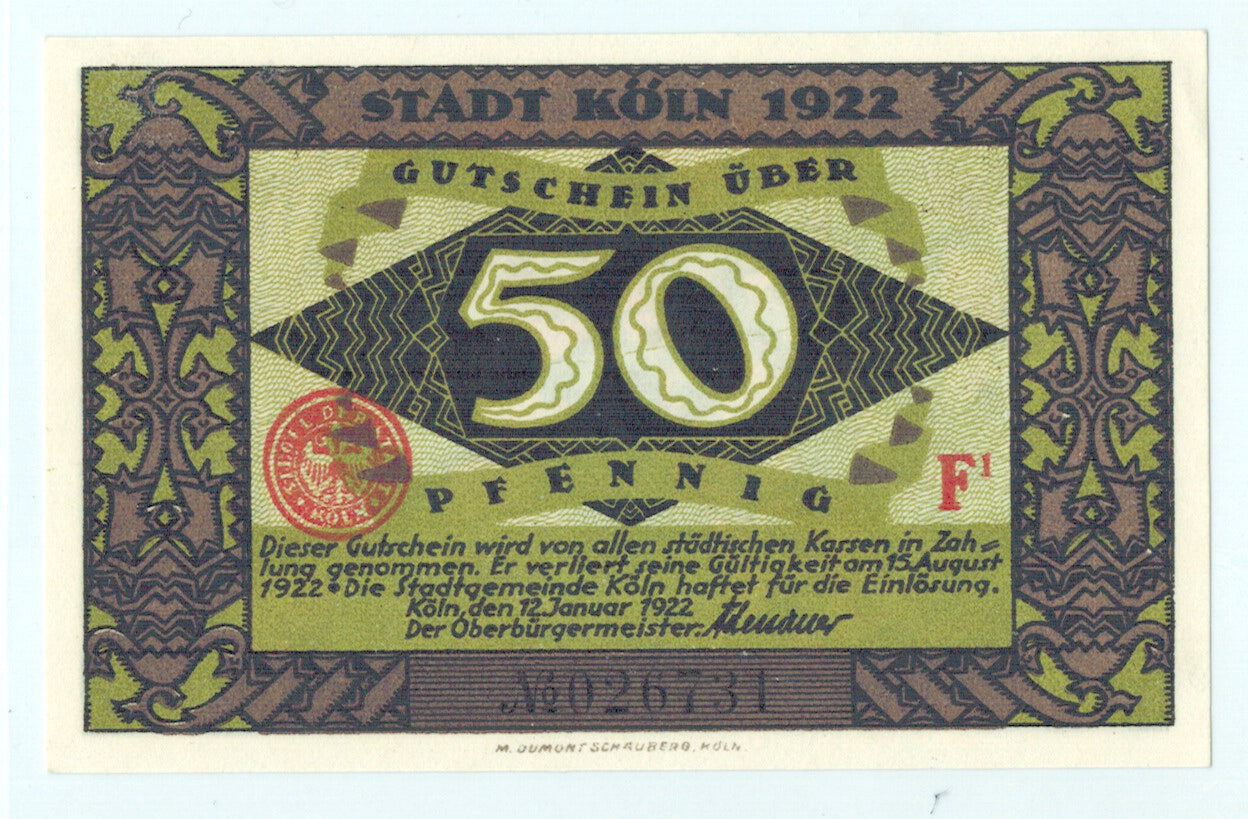 Banknote, Germany, Köln, 50 Pfennig, lutin, 1922, 1922-01-12, UNC(65-70)