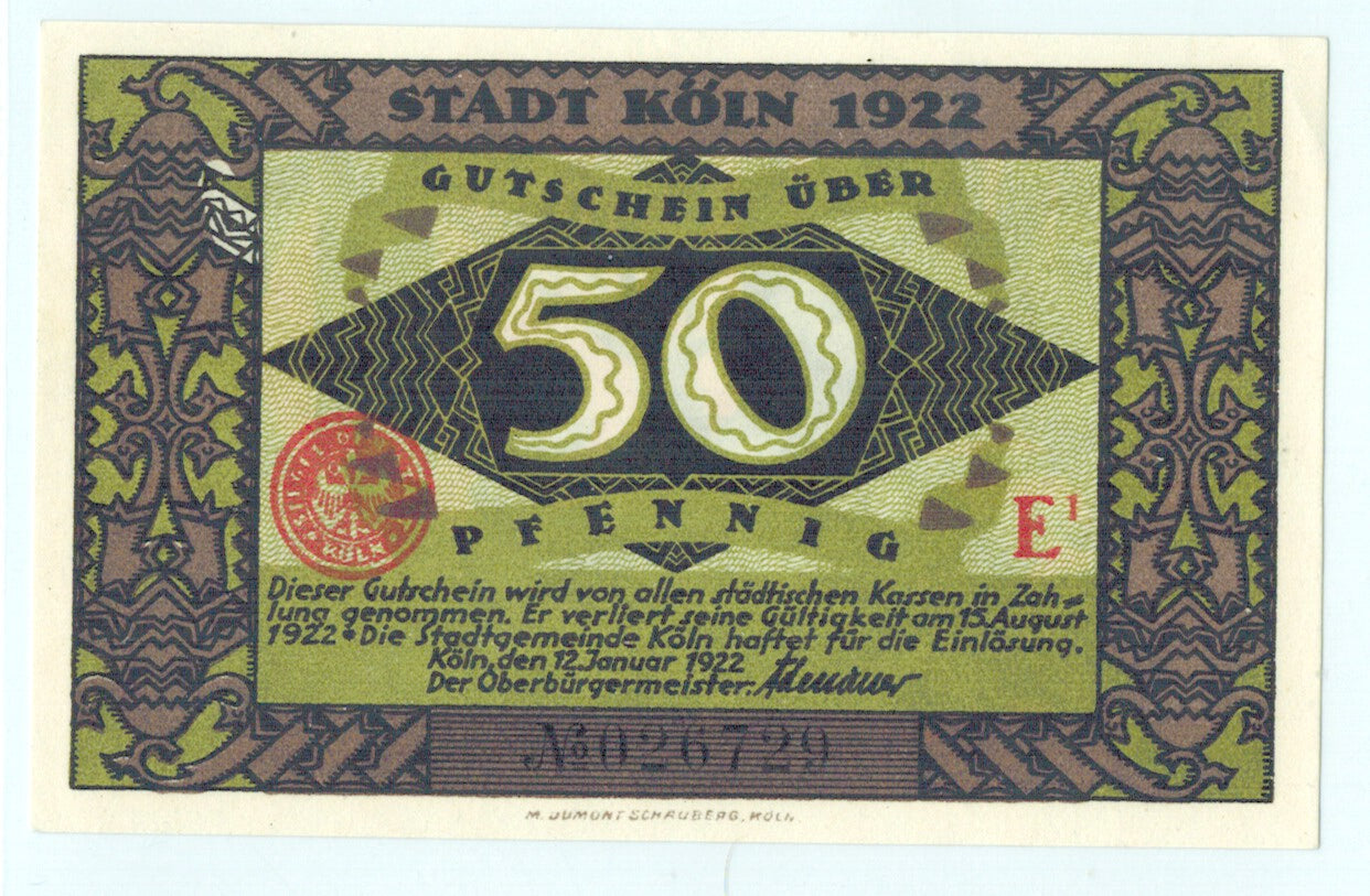 Billete, Alemania, Köln, 50 Pfennig, lutin 2, 1922, 1922-01-12, UNC, Mehl:717.2