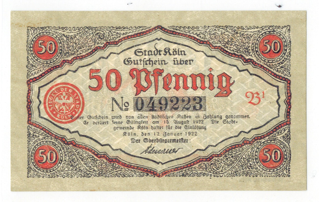 Banknote, Germany, Köln, 50 Pfennig, soldat 2, 1922, 1922-01-12, UNC(65-70)