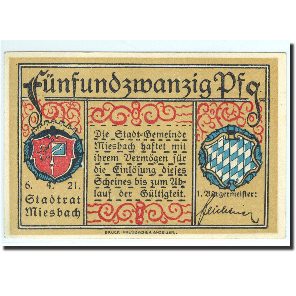 Billet, Allemagne, Miesbach, 25 Pfennig, Monument, 1921, 1921-04-06, NEUF